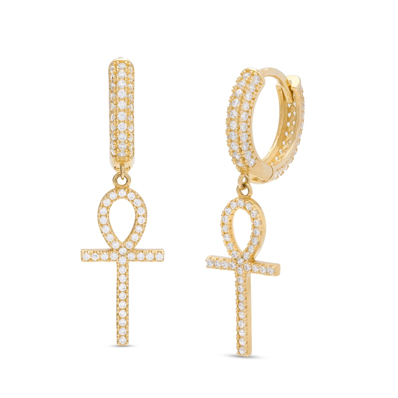 Main Image 1 of 10K Gold CZ Ankh Drop Huggie Hoops