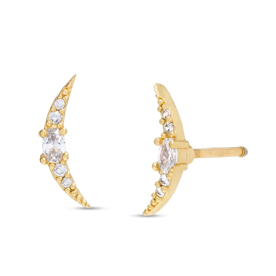 Oval and Round Cubic Zirconia Crescent Moon Stud Earrings in 10K Gold