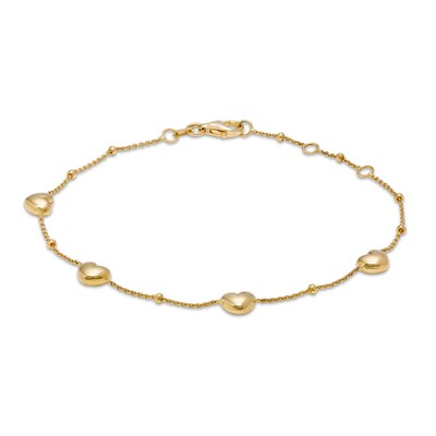 Puffy Heart Curb Chain Station Anklet in 10K Solid Gold - 9"