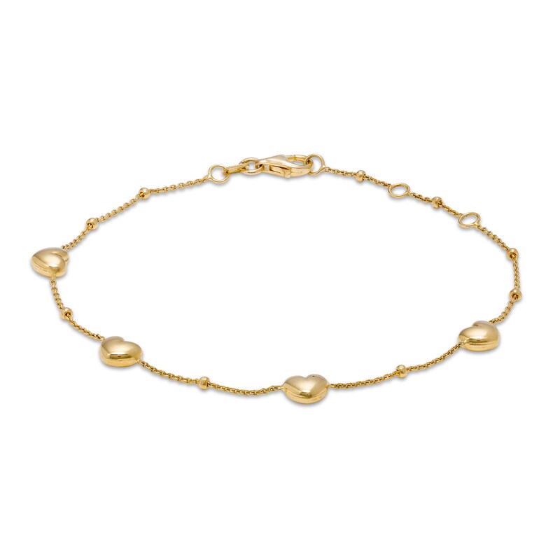Puffy Heart Curb Chain Station Anklet in 10K Solid Gold - 9"