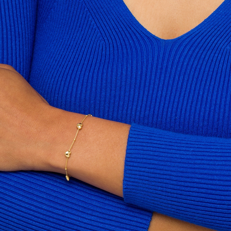 Main Image 2 of Puffy Heart Curb Chain Station Anklet in 10K Solid Gold - 9"