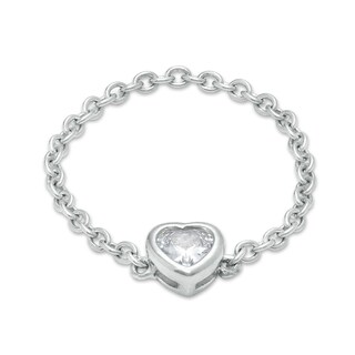 Sterling Silver CZ Bezel-Set Heart Chain Ring - Size 8