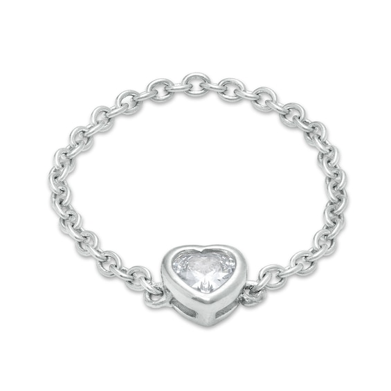 Sterling Silver CZ Bezel-Set Heart Chain Ring - Size 8