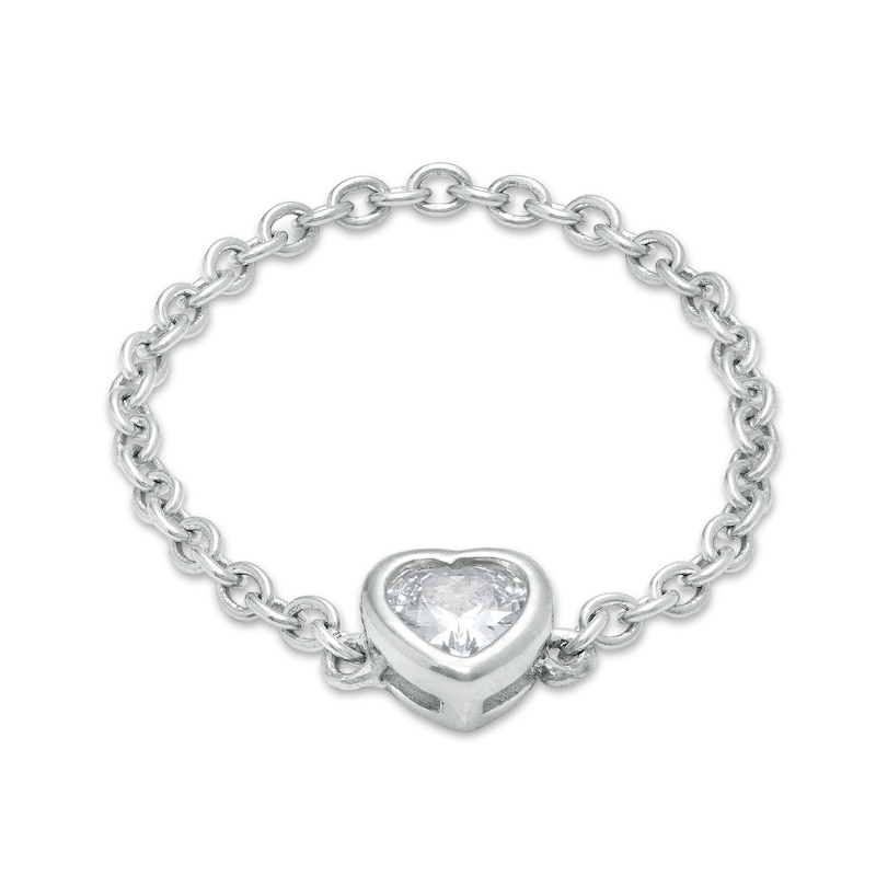 ​​​​​​​4mm Bezel-Set Cubic Zirconia Heart Chain Ring in Sterling Silver - Size 8