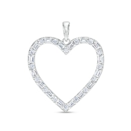 Baguette and Round Cubic Zirconia Heart Outline Necklace Charm in Semi-Solid Sterling Silver