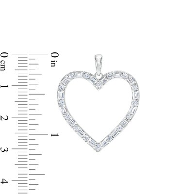 Baguette and Round Cubic Zirconia Heart Outline Necklace Charm in Semi-Solid Sterling Silver