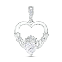 6.0mm Heart-Shaped Cubic Zirconia Claddagh Heart Necklace Charm in Hollow Sterling Silver