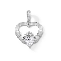 6.0mm Heart-Shaped Cubic Zirconia Claddagh Heart Necklace Charm in Hollow Sterling Silver