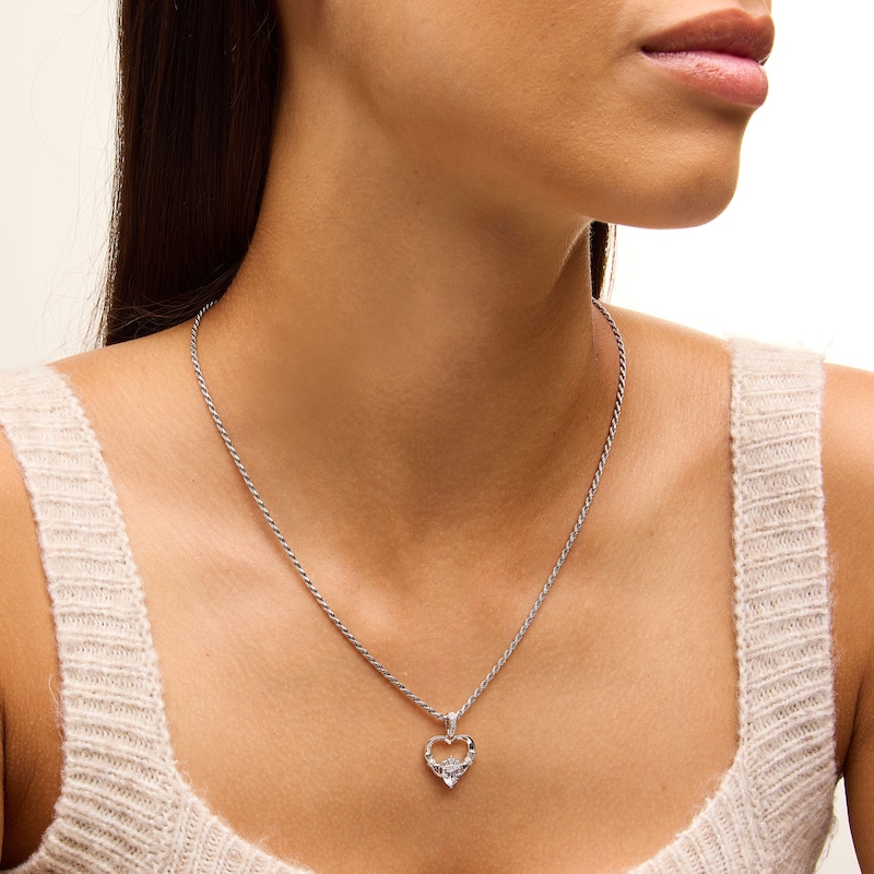 Main Image 2 of 6.0mm Heart-Shaped Cubic Zirconia Claddagh Heart Necklace Charm in Hollow Sterling Silver