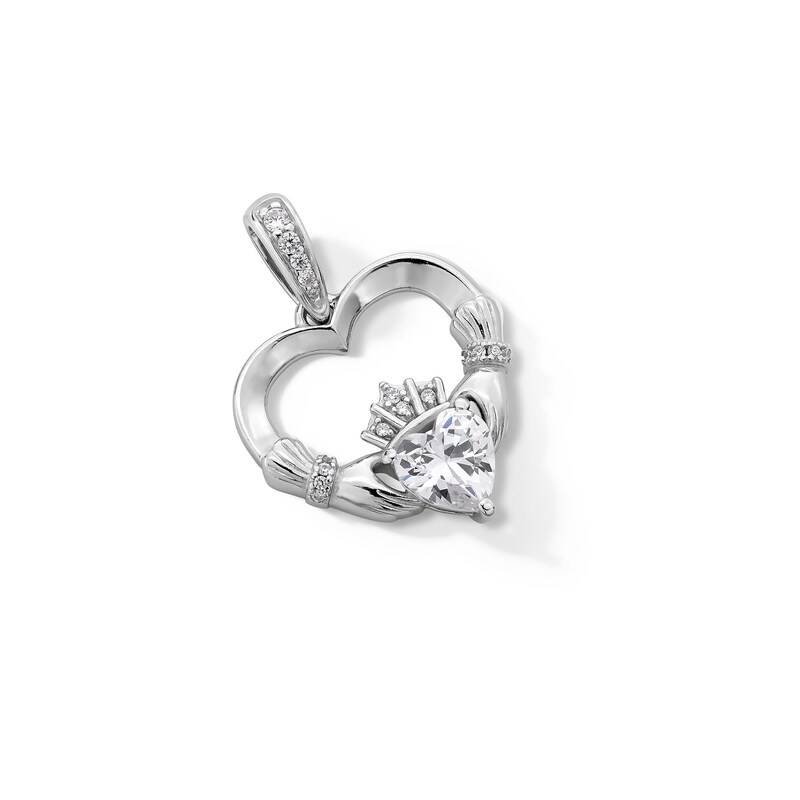 Main Image 3 of 6.0mm Heart-Shaped Cubic Zirconia Claddagh Heart Necklace Charm in Hollow Sterling Silver