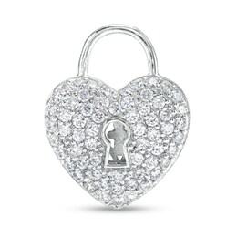 Cubic Zirconia Heart Lock Necklace Charm in Hollow Sterling Silver