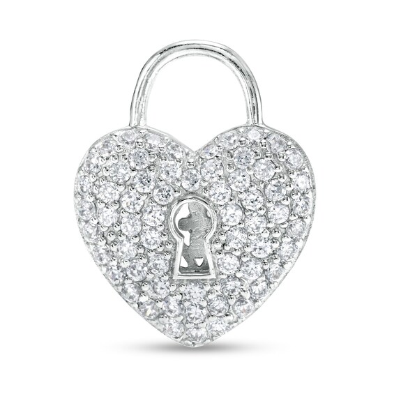 Cubic Zirconia Heart Lock Necklace Charm in Hollow Sterling Silver