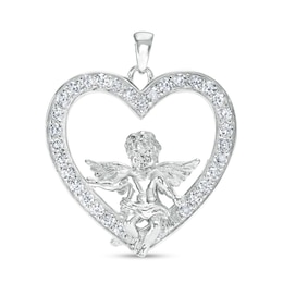 Cubic Zirconia Cupid Heart Necklace Charm in Solid and Hollow Sterling Silver