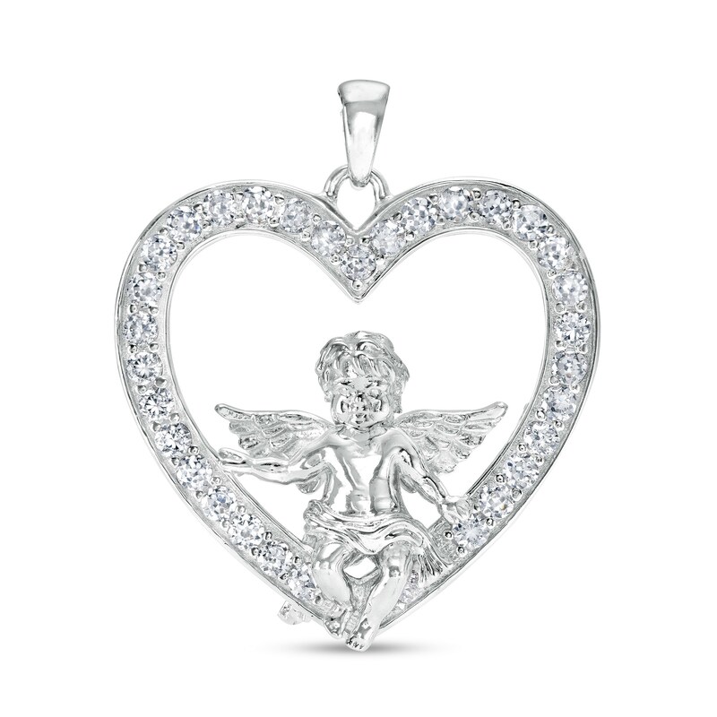 Cubic Zirconia Cupid Heart Necklace Charm in Solid and Hollow Sterling Silver