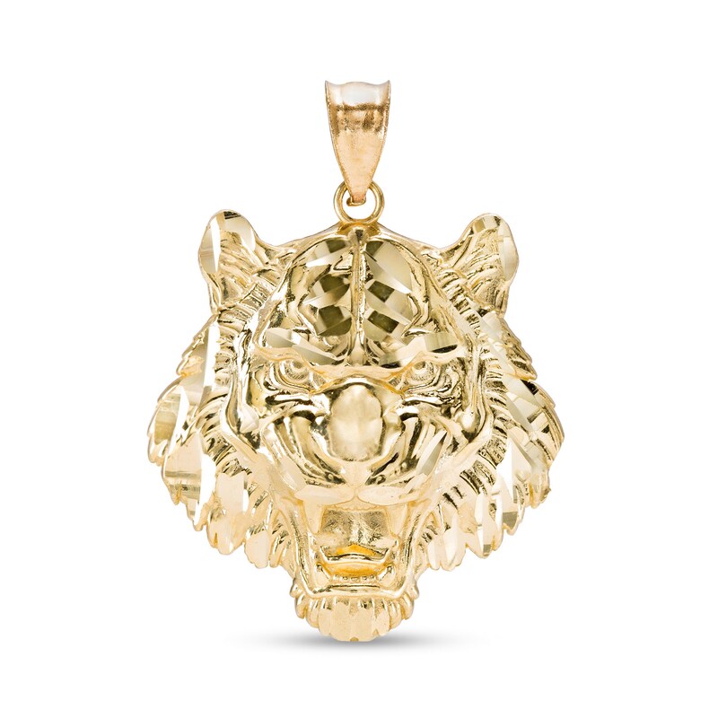 Main Image 1 of Diamond-Cut Tiger Head Necklace Charm in 10K Gold Casting Solid