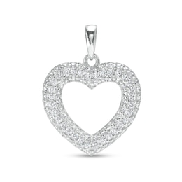 Cubic Zirconia Puffed Heart Outline Necklace Charm in Hollow Sterling Silver