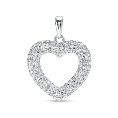 Cubic Zirconia Puffed Heart Outline Necklace Charm in Hollow Sterling Silver