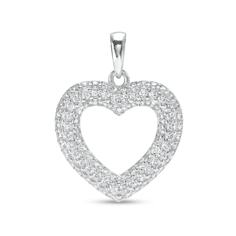 Cubic Zirconia Puffed Heart Outline Necklace Charm in Hollow Sterling ...