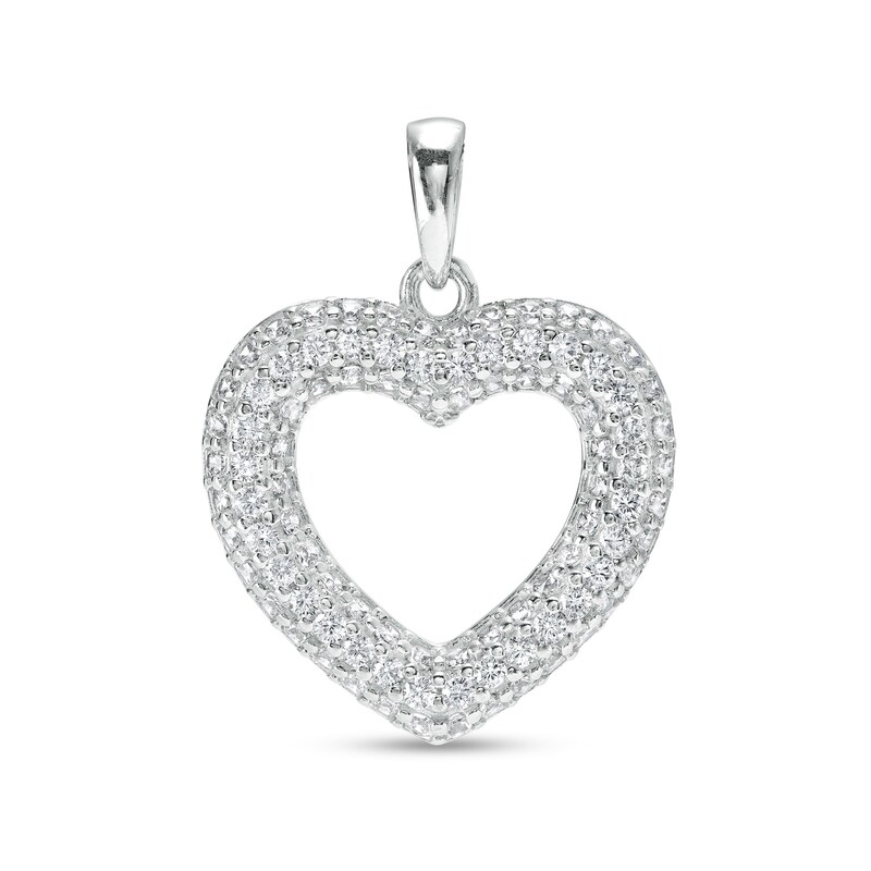 Cubic Zirconia Puffed Heart Outline Necklace Charm in Hollow Sterling ...