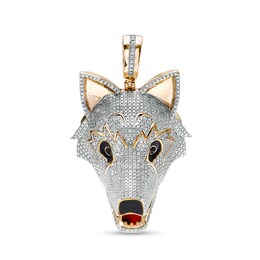 1/5 CT. T.W. Diamond Red and Black Ceramic Wolf Head Necklace Charm in Sterling Silver with 14K Gold Plate