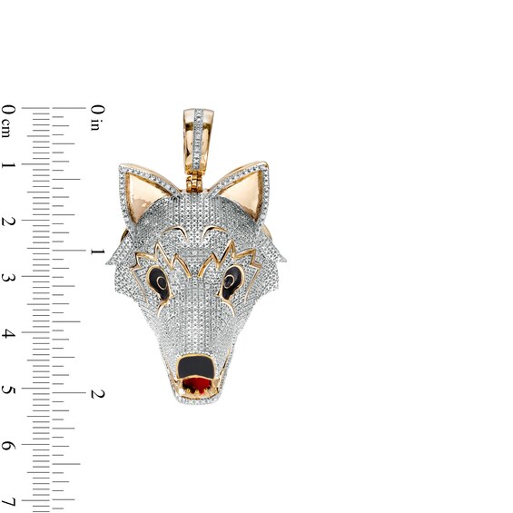 1/5 CT. T.W. Diamond Red and Black Ceramic Wolf Head Necklace Charm in Sterling Silver with 14K Gold Plate
