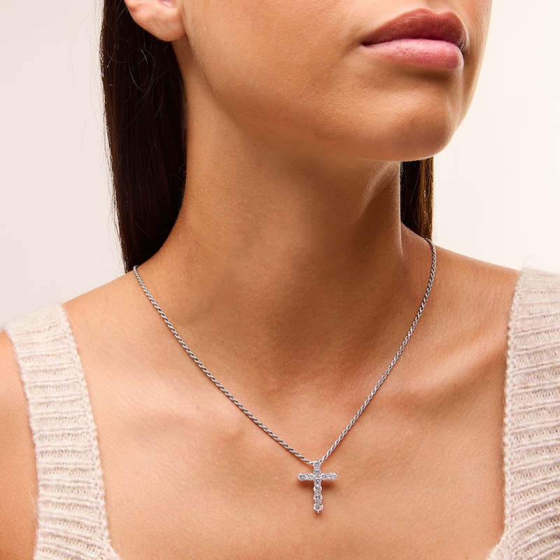 Main Image 2 of Cubic Zirconia 10-Stone Cross Necklace Charm in Semi-Solid Sterling Silver