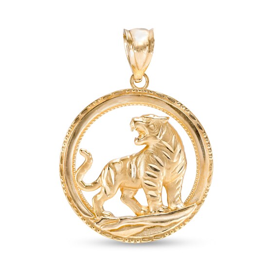 Diamond-Cut Circle Frame Tiger Necklace Charm in 10K Gold Casting Solid