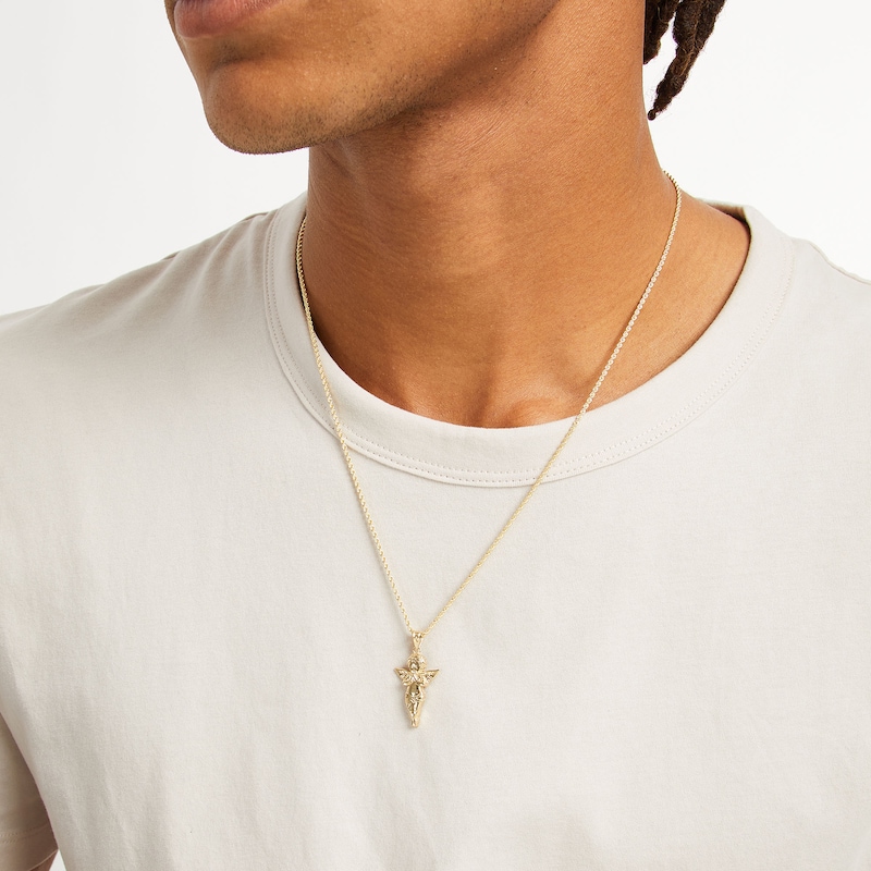 Diamond-Cut Praying Cherub Angel Necklace Charm in 10K Gold Casting Solid