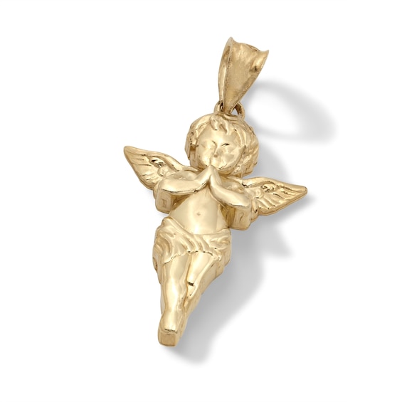 10K Solid Gold Diamond-Cut Praying Cherub Angel Necklace Charm
