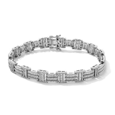 Solid Sterling Silver Baguette and Round CZ Triple Row Link Bracelet - 8.25"