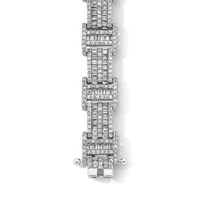 Solid Sterling Silver Baguette and Round CZ Triple Row Link Bracelet - 8.25"