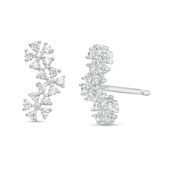 Cubic Zirconia Cluster Flower Crawler Stud Earrings in Sterling Silver