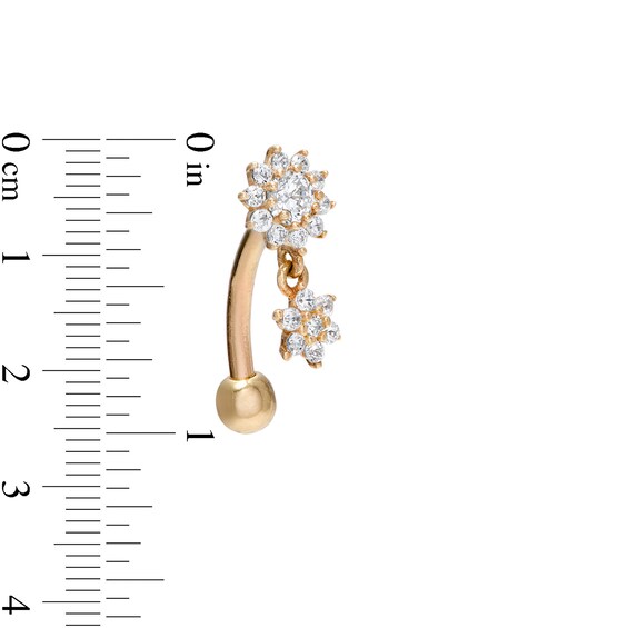 016 Gauge Cubic Zirconia Double Flower Dangle Curved Barbell in 14K Gold