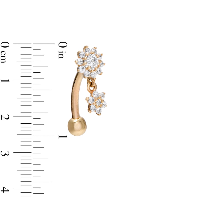 016 Gauge Cubic Zirconia Double Flower Dangle Curved Barbell in 14K Gold