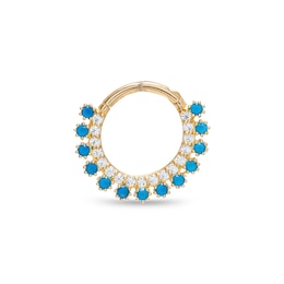 14K Gold CZ and Lab-Created Turquoise Nose Hoop - 16G