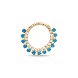 14K Gold CZ and Lab-Created Turquoise Nose Hoop - 16G