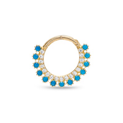 14K Gold CZ and Lab-Created Turquoise Nose Hoop - 16G