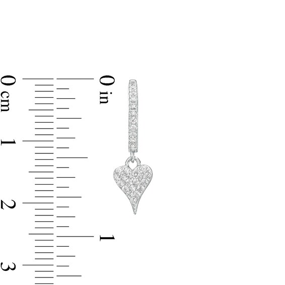 Pavé Heart Cubic Zirconia Huggie Hoop Drop Earrings in Sterling Silver
