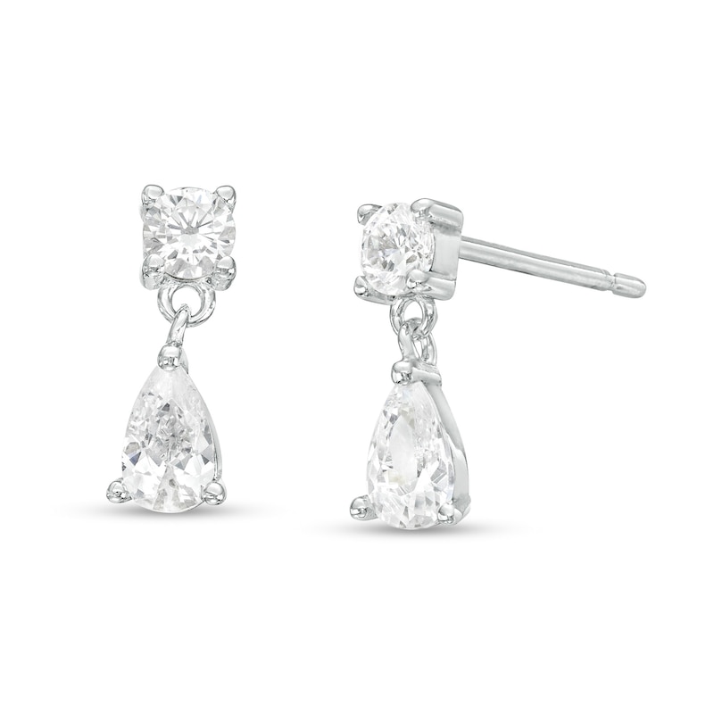 Cubic Zirconia Round Stone with Teardrop Drop Earrings in Sterling Silver