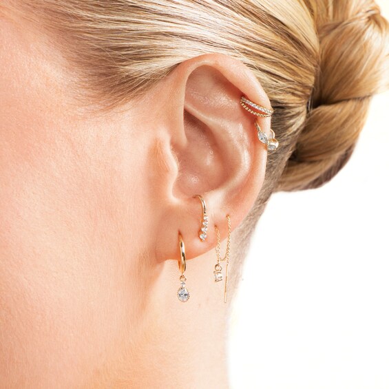14K Solid Gold CZ and Beaded Double Row Clicker Hoop - 18G 5/16"
