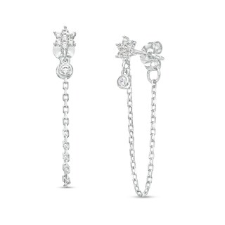 Pavé Flower Cubic Zirconia Bezel Chain Stud Earrings in Sterling Silver