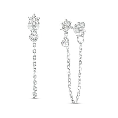 Pavé Flower Cubic Zirconia Bezel Chain Stud Earrings in Sterling Silver
