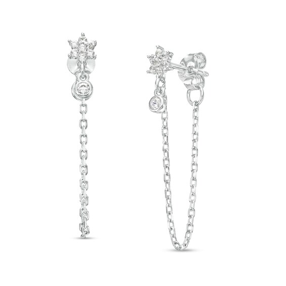 Pavé Flower Cubic Zirconia Bezel Chain Stud Earrings in Sterling Silver