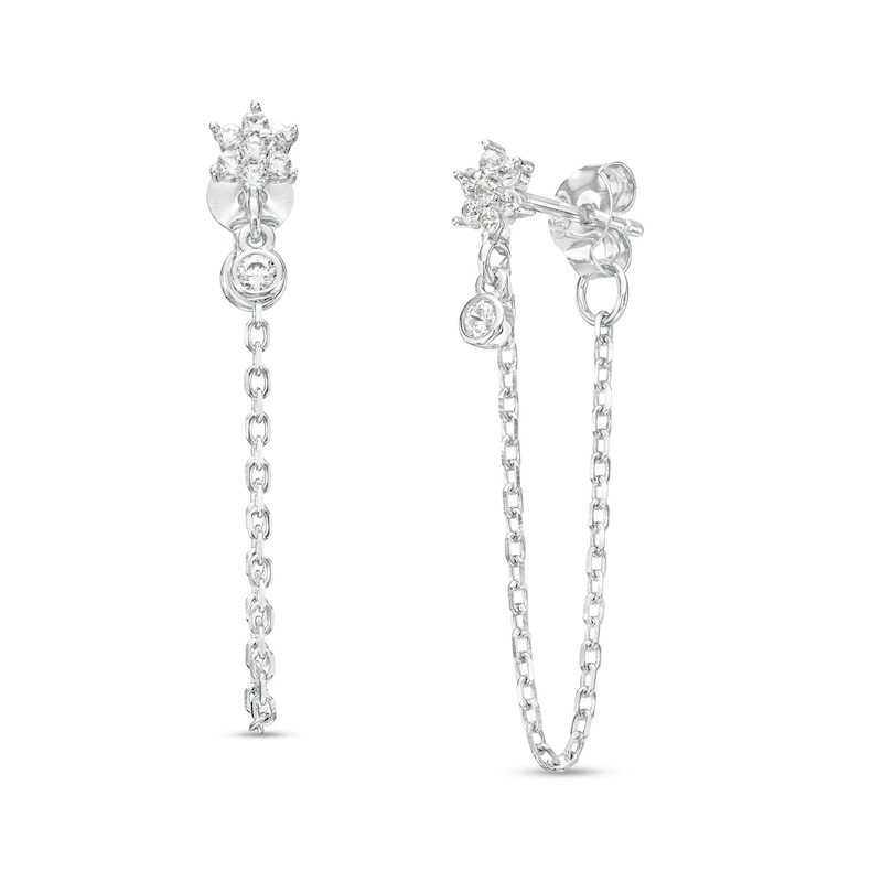 Pavé Flower Cubic Zirconia Bezel Chain Stud Earrings in Sterling Silver