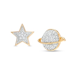 1/20 CT. T.W. Multi-Diamond Star and Saturn Mismatch Stud Earrings in 10K Gold