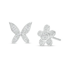 1/20 CT. T.W. Diamond Mismatch Flower and Butterfly Stud Earrings in Sterling Silver