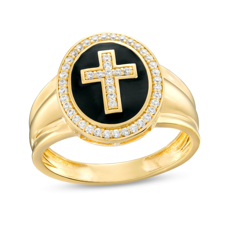 Cubic Zirconia and Black Enamel Cross Ring in 10K Gold
