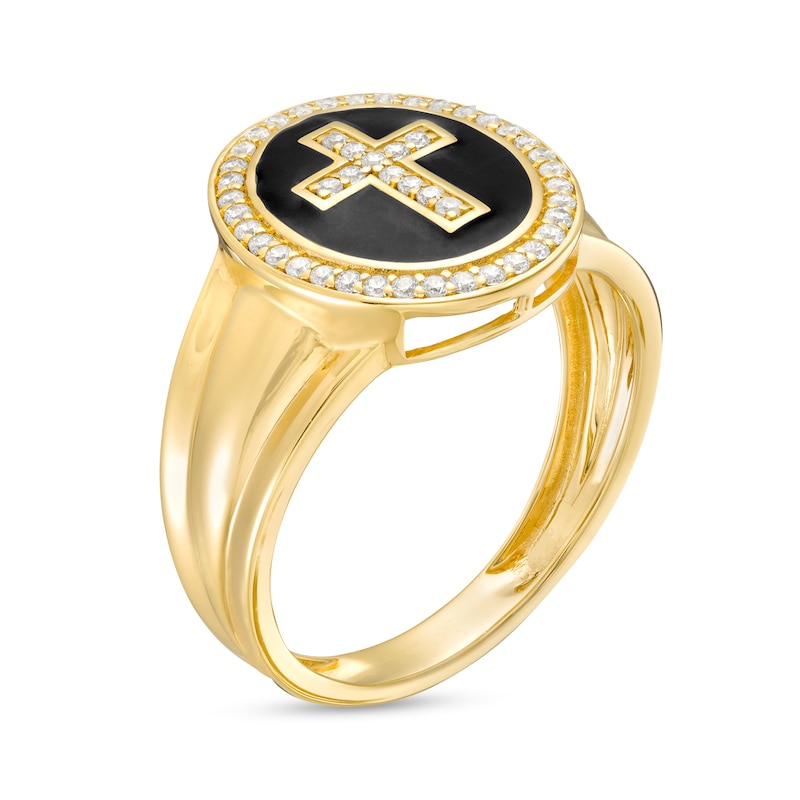 Cubic Zirconia and Black Enamel Cross Ring in 10K Gold