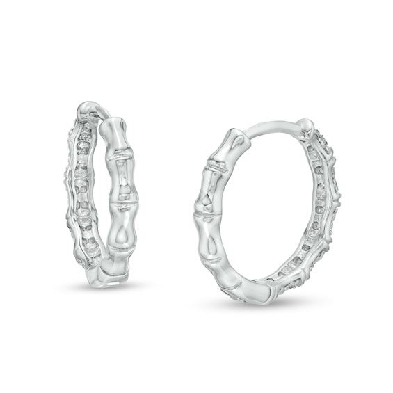 Cubic Zirconia Pavé Bamboo Huggie Hoop Earrings in Sterling Silver