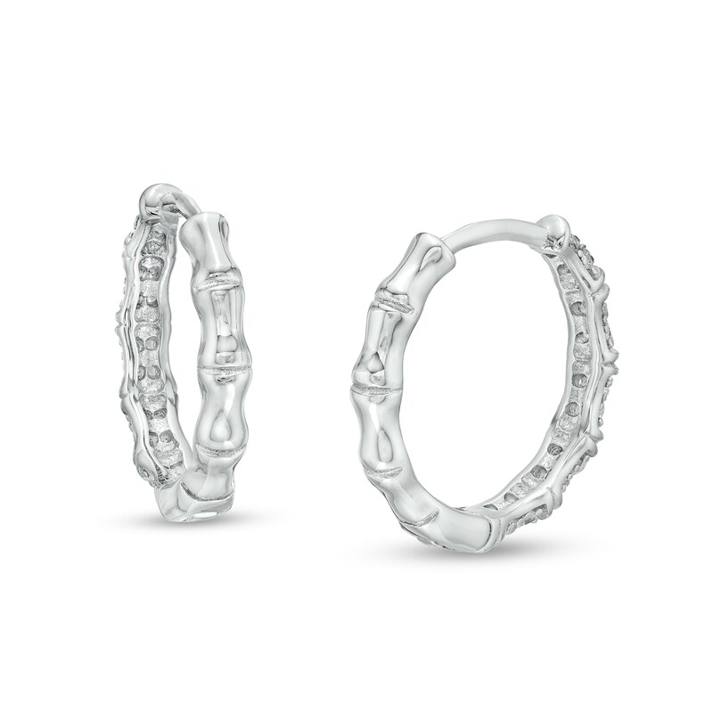Cubic Zirconia Pavé Bamboo Huggie Hoop Earrings in Sterling Silver